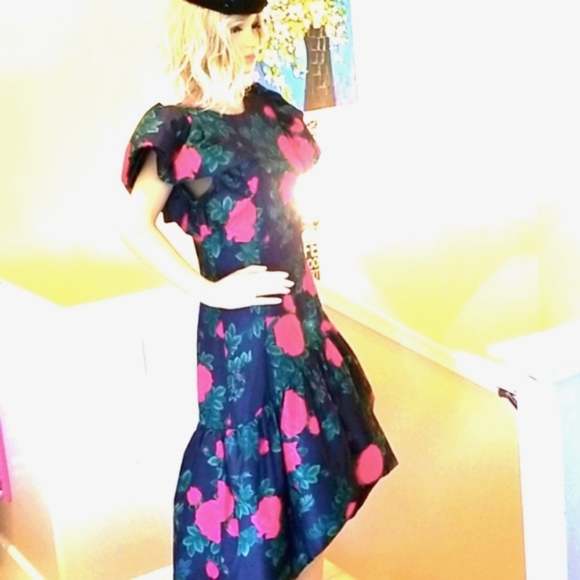 80's MORTON MYLES Red a Roses Ruffles Green BG Holiday Party Festive Midi Dress - Picture 11 of 16